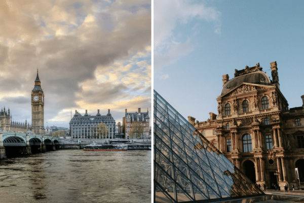 Big Ben à Londres et musée du Louvre à Paris, symboles culturels et touristiques.